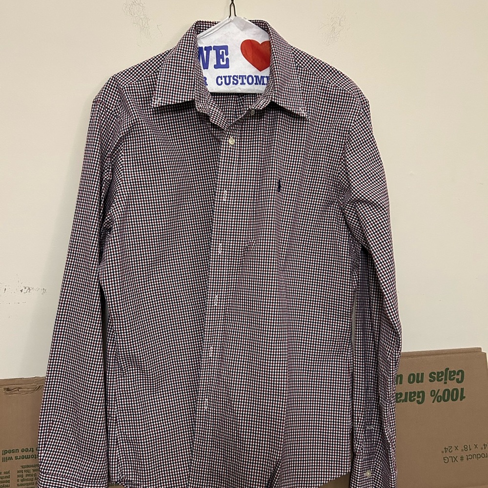 Ralph Lauren Oxford Shirt‎ Checkered Burgundy Blue Long Sleeve Dress Casual